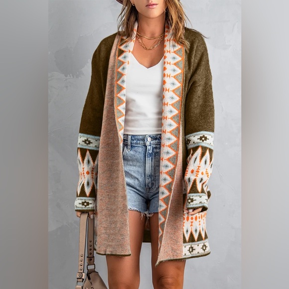 Geo Print Open Front Long Turtleneck Knitted Cardigan brown - Picture 3 of 11